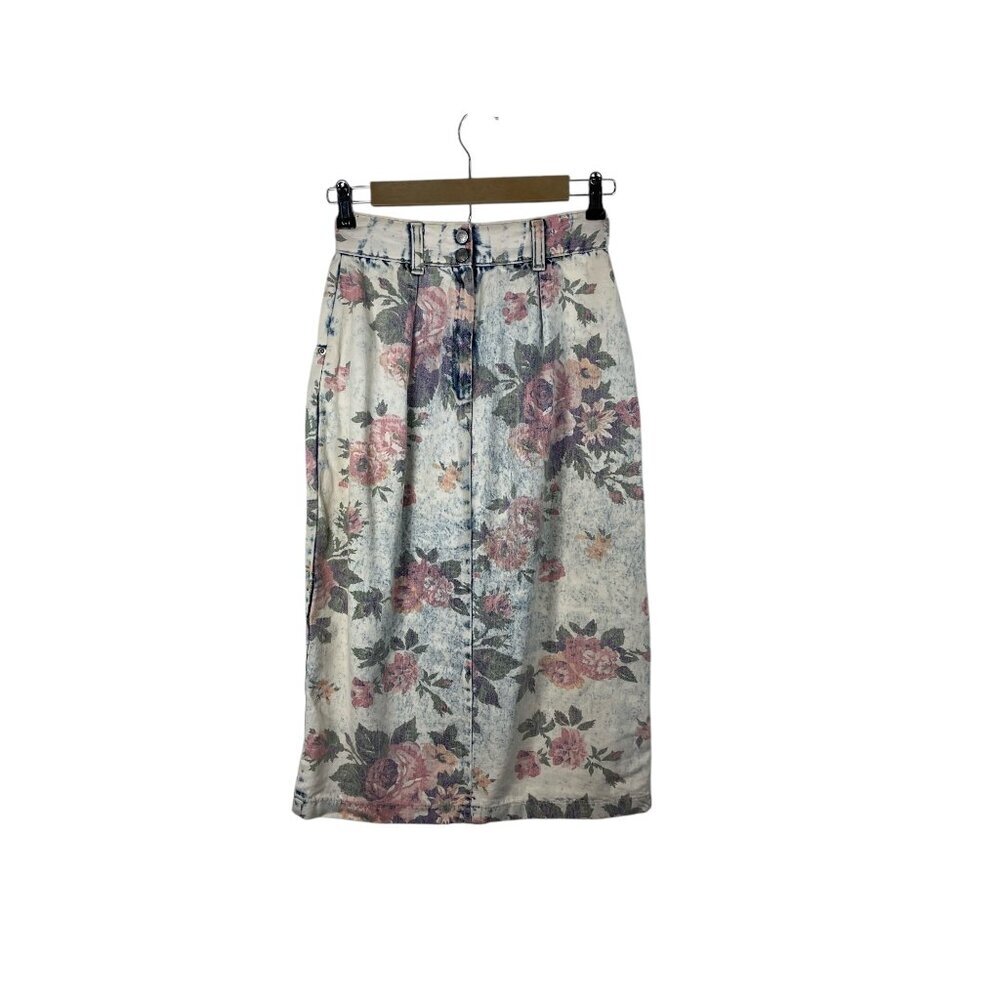 Vintage 80’s Denim Floral Acid Wash Midi Skirt Size 6